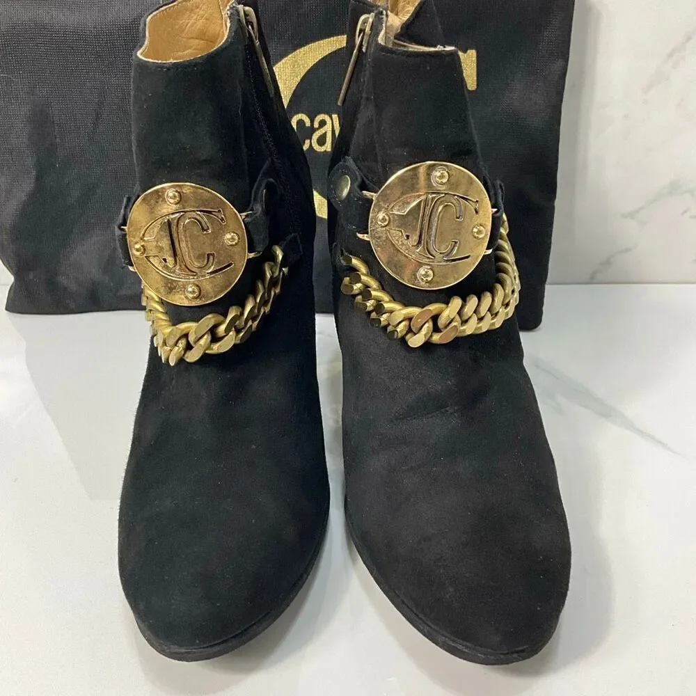 JUST CAVALLI Black Suede Ankle Boots With Gold Chain Embellishment